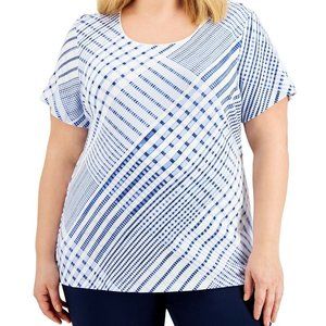 3X Plus Size Blue Plaid Womens Top Karen Scott Short Sleeve Scoop Neck Knit